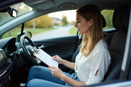 Jeune femme dans une voiture vérifiant le tableau de bord