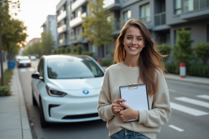 Jeune femme souriante à côté d'une voiture électrique en ville