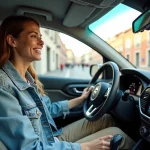 Jeune femme souriante dans une voiture citadine en ville