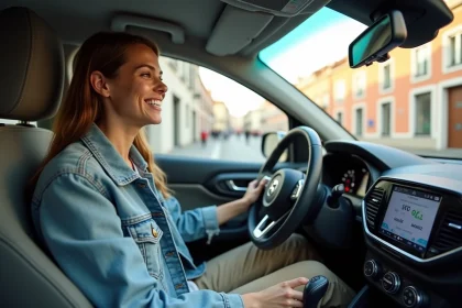 Jeune femme souriante dans une voiture citadine en ville
