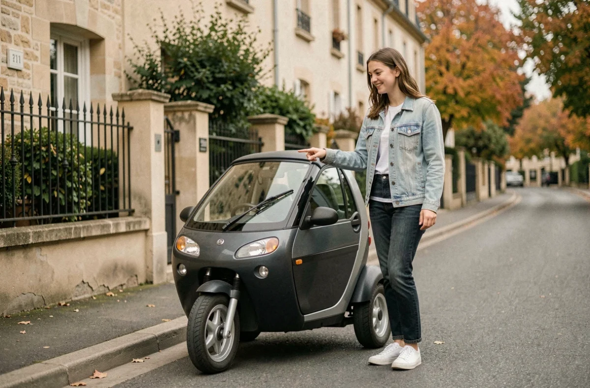 Jeune femme de 16 ans devant une voiturette sans permis garée dans une rue résidentielle française en automne