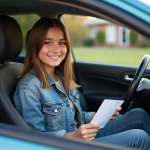Jeune fille de 16 ans avec permis de conduire dans la voiture