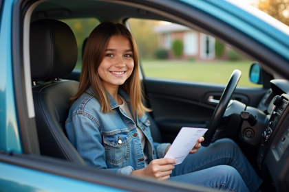 Jeune fille de 16 ans avec permis de conduire dans la voiture