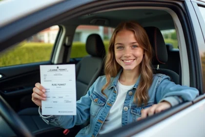 Jeune fille souriante montrant son permis de conduire