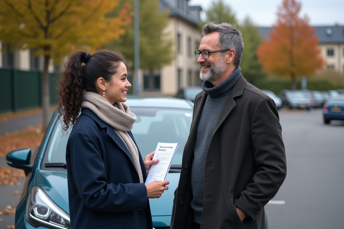 Jeune femme avec document de conduite devant une voiture