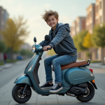 Garçon adolescent assis sur un scooter en extérieur