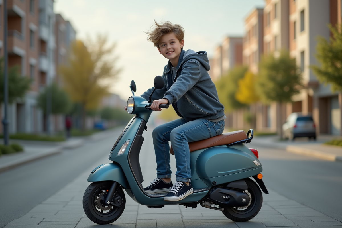 Garçon adolescent assis sur un scooter en extérieur