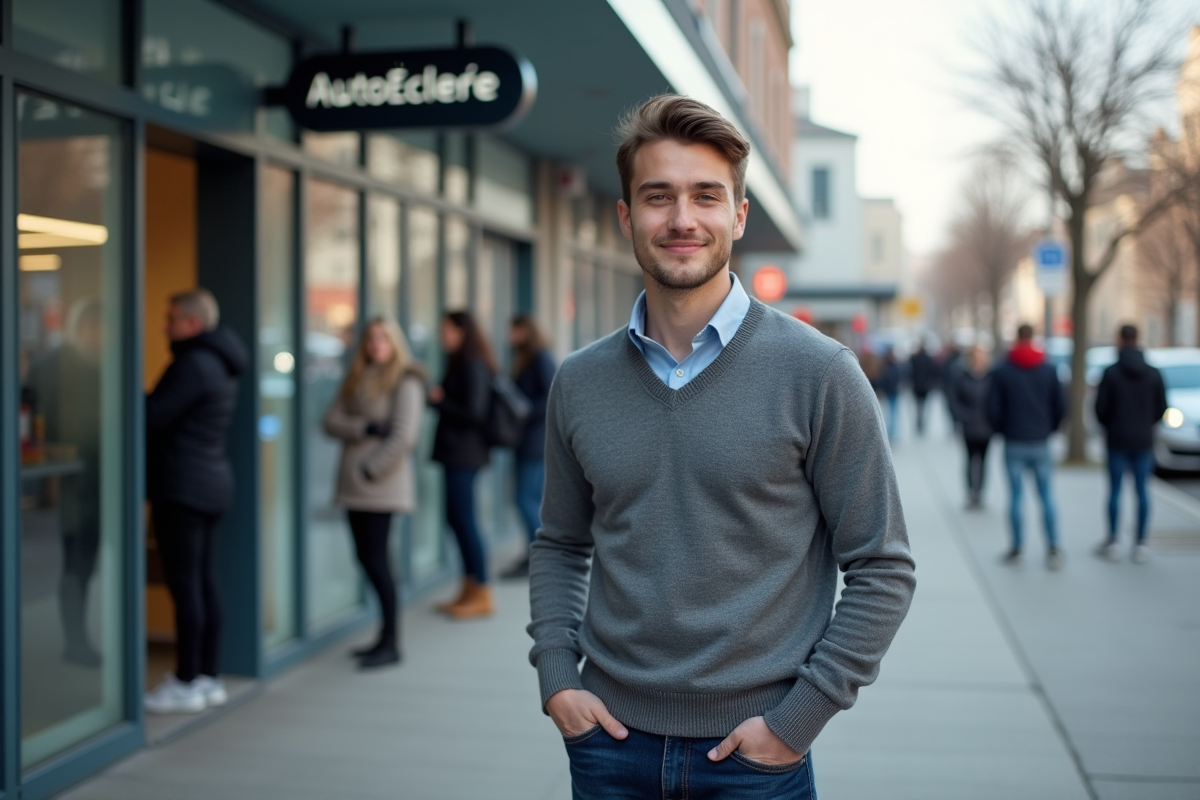 Jeune homme en file devant une auto école moderne