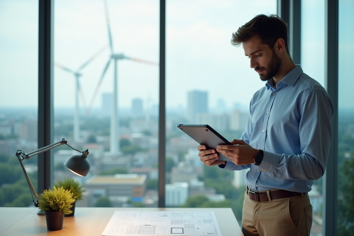 Jeune homme étudiant un plan d’éolienne dans un bureau