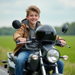 Jeune garçon en jeans et coupe-vent sur une moto 50cc en extérieur
