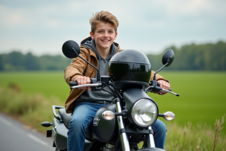 Jeune garçon en jeans et coupe-vent sur une moto 50cc en extérieur