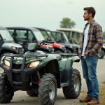 Jeune homme devant un quad en concession campagne