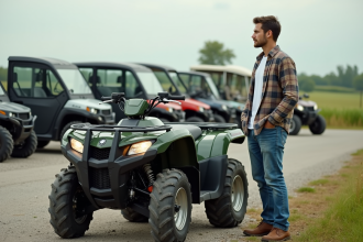 Jeune homme devant un quad en concession campagne