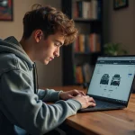 Jeune homme concentré recherchant des marques de voitures sur son ordinateur