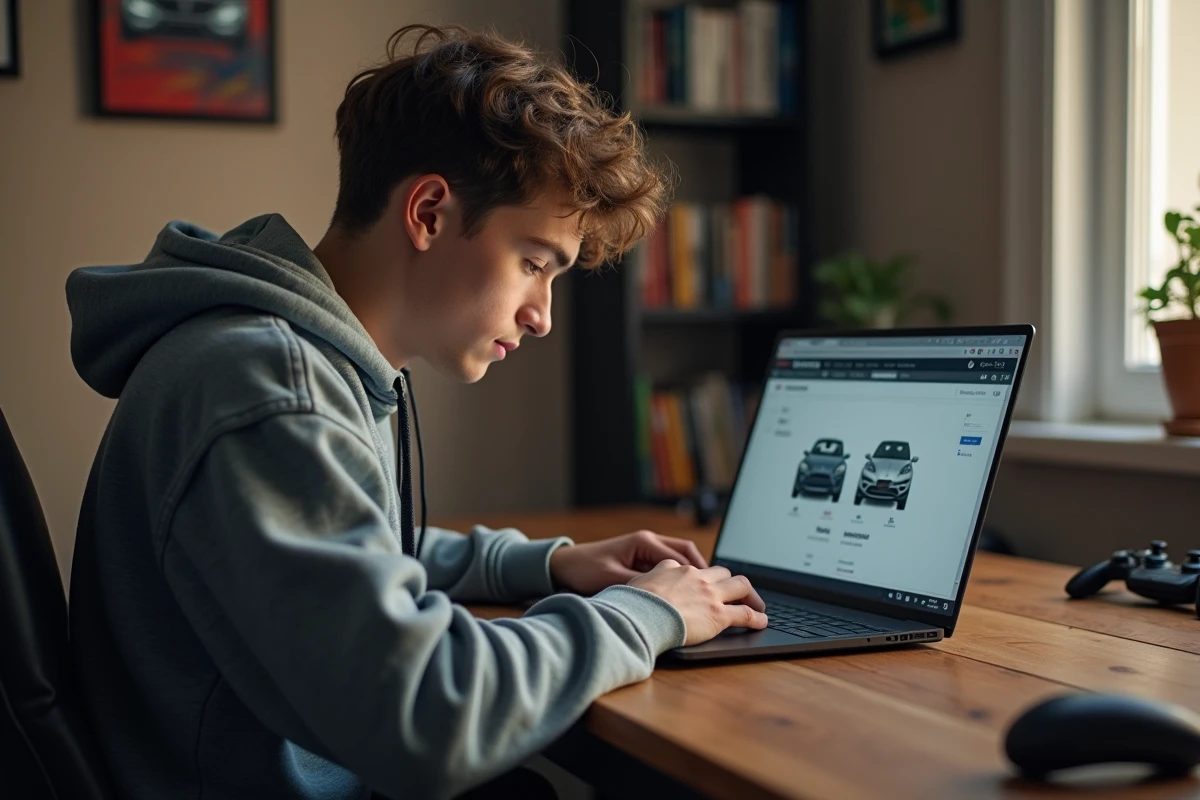 Jeune homme concentré recherchant des marques de voitures sur son ordinateur