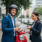Jeune homme souriant avec scooter et agent d'assurance