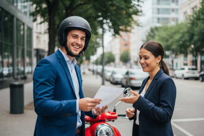 Jeune homme souriant avec scooter et agent d'assurance
