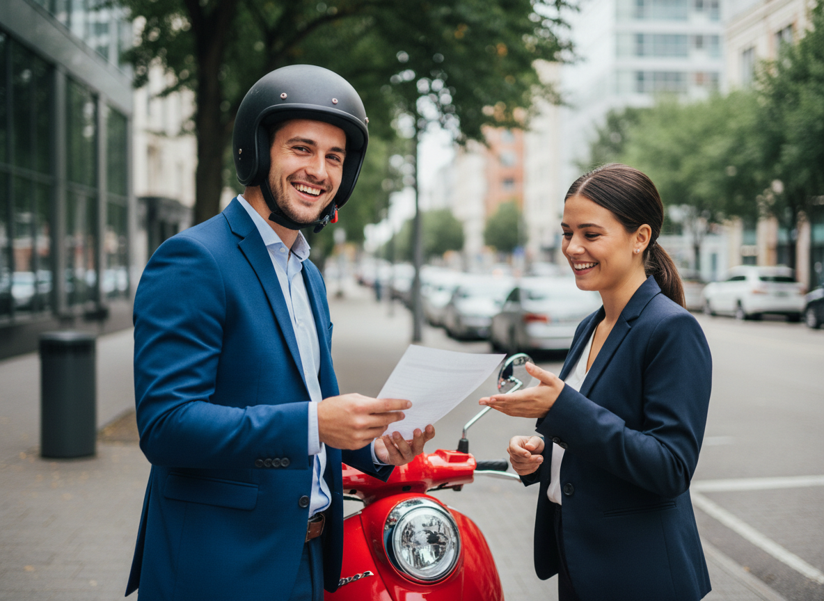 Jeune homme souriant avec scooter et agent d'assurance