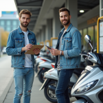 Jeune homme avec scooter devant centre inspection