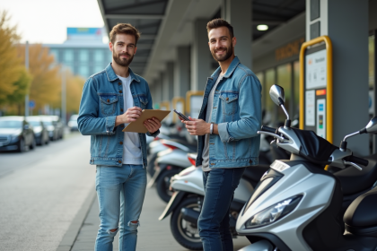 Jeune homme avec scooter devant centre inspection