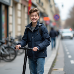 Jeune garçon souriant avec scooter noir dans une rue parisienne