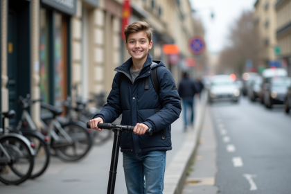 Jeune garçon souriant avec scooter noir dans une rue parisienne