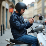 Jeune homme en scooter vérifiant une carte sur son smartphone