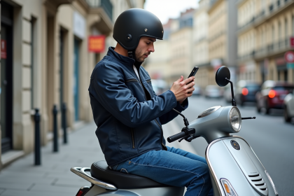 Jeune homme en scooter vérifiant une carte sur son smartphone