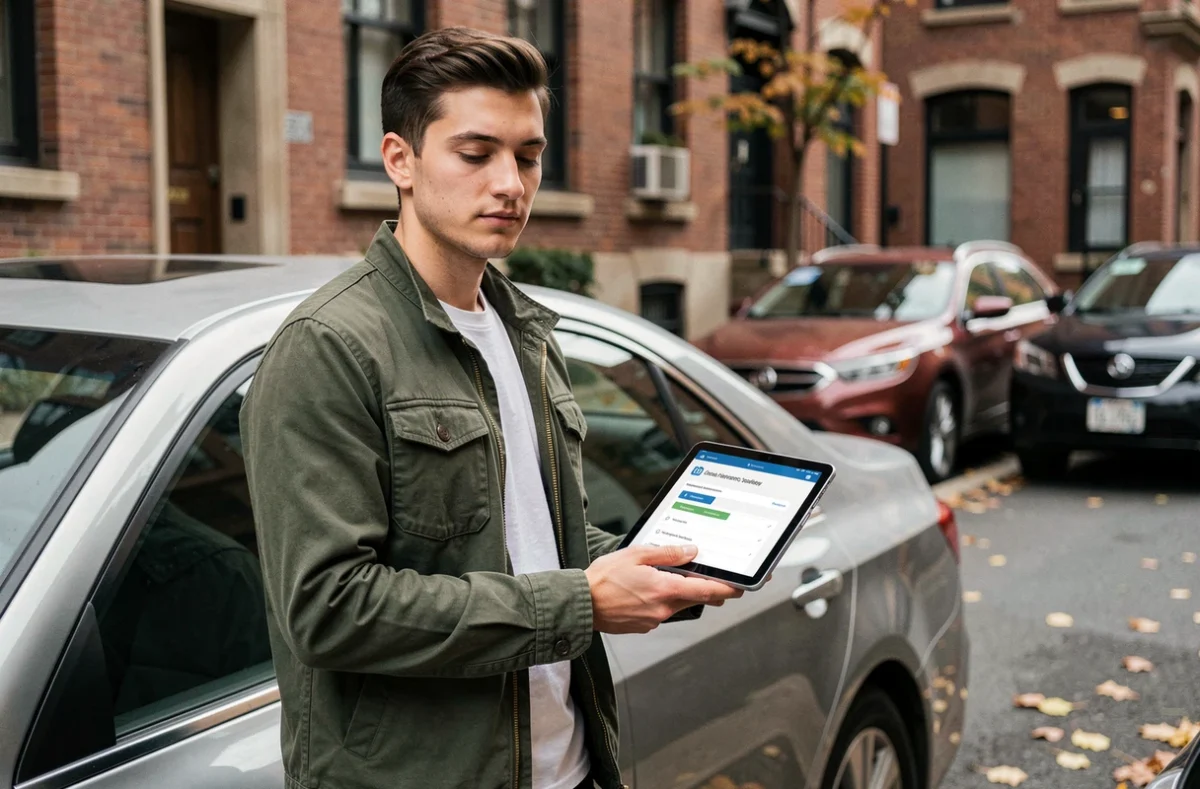 Jeune homme consultant un comparateur d'assurance auto sur tablette devant sa voiture en ville