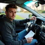 Jeune homme dans sa voiture avec un serial manuscrit