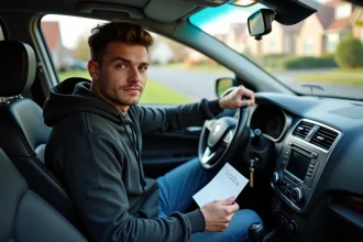 Jeune homme dans sa voiture avec un serial manuscrit
