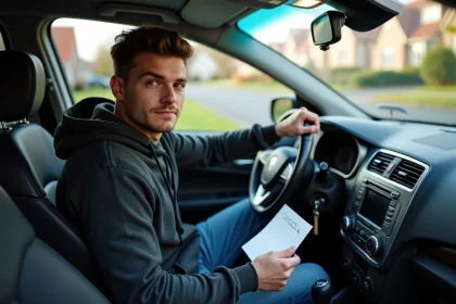 Jeune homme dans sa voiture avec un serial manuscrit
