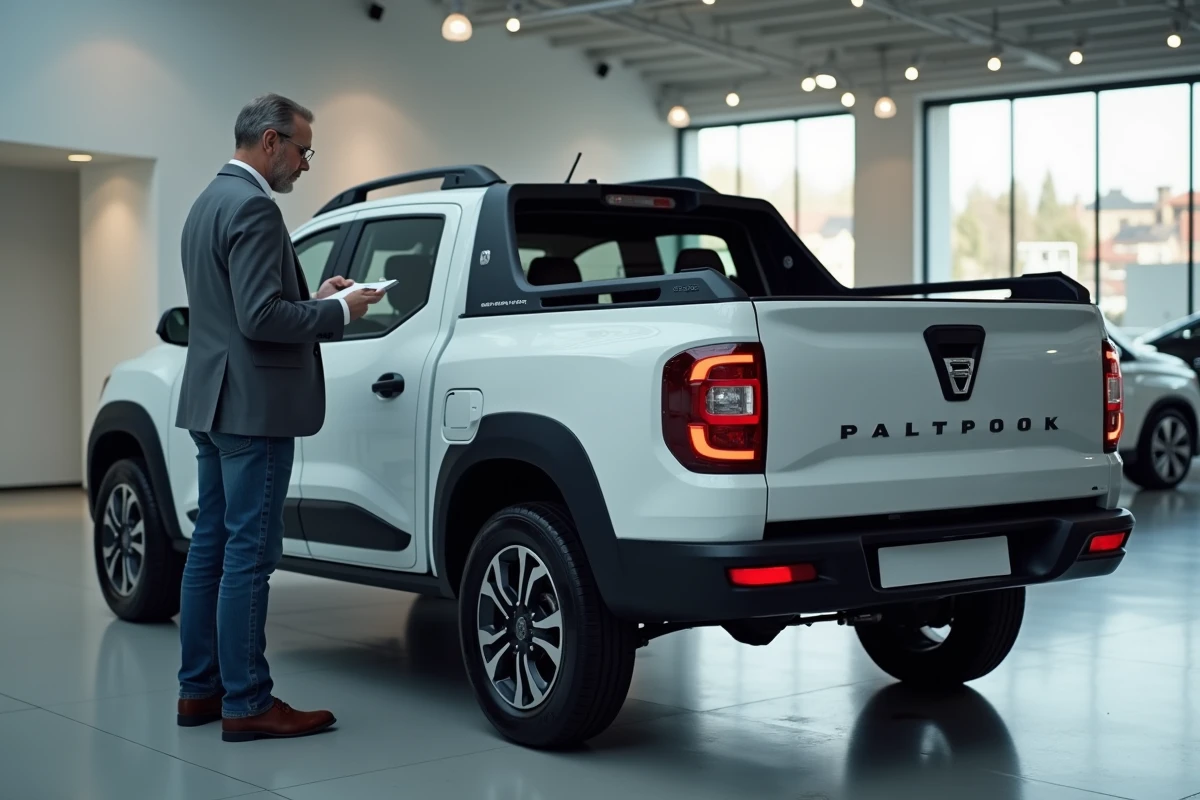 Journaliste automobile inspectant la benne du nouveau pick-up Dacia 2026 dans un showroom moderne