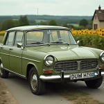 Une LADA 2105 vert olive garée sur une route de campagne française entourée de champs de tournesols, évoquant la nostalgie soviétique en France