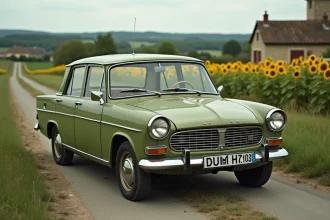Une LADA 2105 vert olive garée sur une route de campagne française entourée de champs de tournesols, évoquant la nostalgie soviétique en France