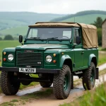 Lada 4x4 garée sur une route de campagne française entourée de collines verdoyantes et d'une ferme en pierre
