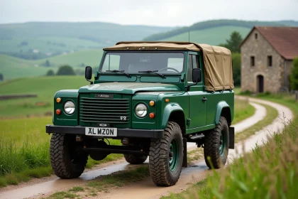 Lada 4x4 garée sur une route de campagne française entourée de collines verdoyantes et d'une ferme en pierre