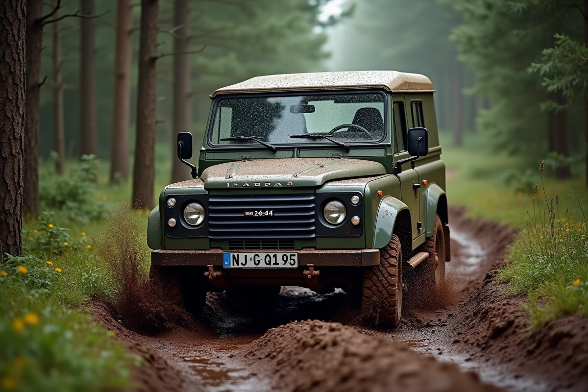 Lada 4x4 traversant un sentier boueux en forêt dans le Massif Central lors d'une sortie tout-terrain