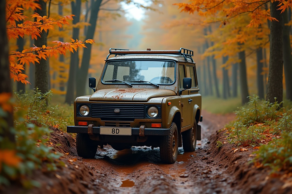 Une LADA Niva couverte de boue traverse un chemin forestier en Auvergne en automne, démontrant les capacités tout-terrain qui ont fidélisé les Français à la marque