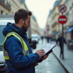 Livreur en uniforme regardant un ticket de stationnement sur sa voiture