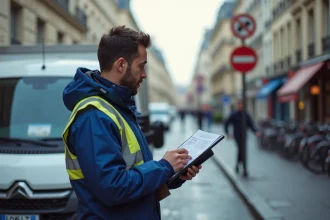 Livreur en uniforme regardant un ticket de stationnement sur sa voiture