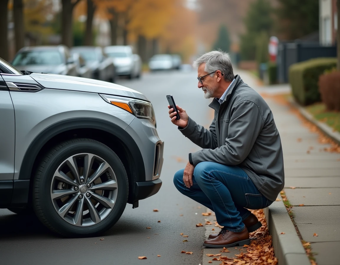 Homme photographiant le numéro VIN sur le pare-brise d'un SUV depuis la rue pour identifier la finition du véhicule