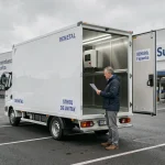 Remorque frigorifique en location devant un supermarché Super U, portes ouvertes révélant l'intérieur isolé en inox