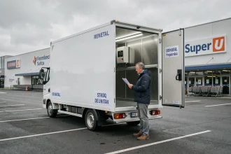 Remorque frigorifique en location devant un supermarché Super U, portes ouvertes révélant l'intérieur isolé en inox