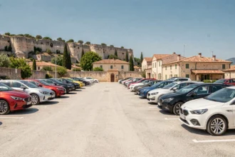 Vue panoramique d'un parking de location de voitures en Provence avec plusieurs véhicules modernes alignés sous un ciel méditerranéen bleu