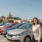 Vue d'ensemble d'une agence de location de voitures à Marseille avec plusieurs véhicules garés devant la ville et la mer en arrière-plan