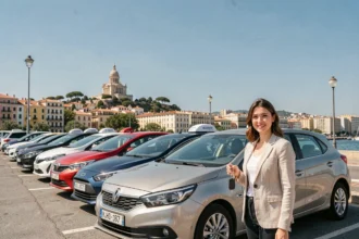 Vue d'ensemble d'une agence de location de voitures à Marseille avec plusieurs véhicules garés devant la ville et la mer en arrière-plan