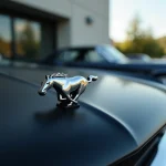 Gros plan sur le logo cheval du Ford Mustang en chrome sur capot noir mat, détail emblème série limitée