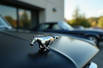 Gros plan sur le logo cheval du Ford Mustang en chrome sur capot noir mat, détail emblème série limitée