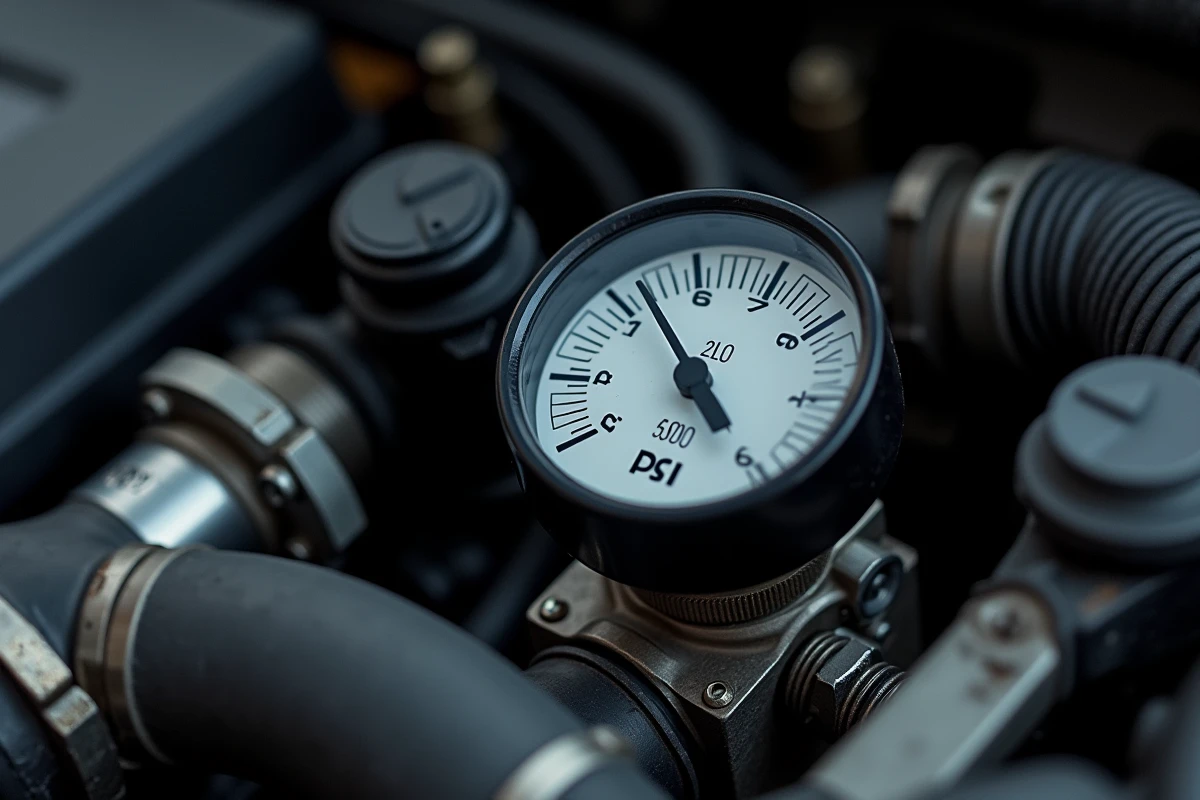 Gros plan sur un manomètre de pression carburant connecté au rail d'injection d'un moteur Peugeot avec affichage de la valeur de pression